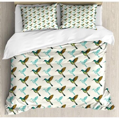Bird Duvet Cover Set Continuous Pattern of Colorful Hummingbirds 3 Piece Bedding Set Ivory Dark Seafoam and Multicolor