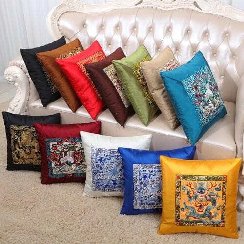 Embroidery Crane Dragon Retro Chinese Cushion Cover Vintage Sofa Chair Car Back Cushion Decorative Ethnic Satin Pillow Case