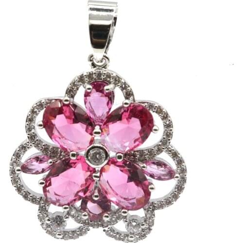 34x24mm 2020 New Arrival Created Pink Tourmaline White CZ Womans Wedding Sliver Pendant