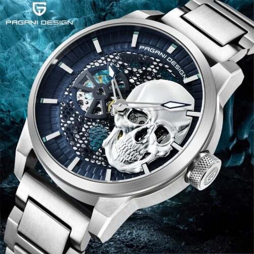 PAGANI DESIGN New 2021 Stainless Steel Blue Rocket Pointer Classic Skull Head NightLight Mechanical Watch Reloj Hombre