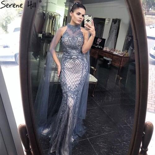 Serene Hill Luxury Navy Blue With Train Evening Dresses Gowns 2020 Mermaid Beading Diamond Elegant For Women Party LA70807