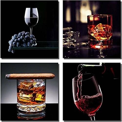 Wine With Cigar Canvas Prints Modern Wall Art Paintings 16x16 inch Stretched and Framed for Room and Kitchen Decoration