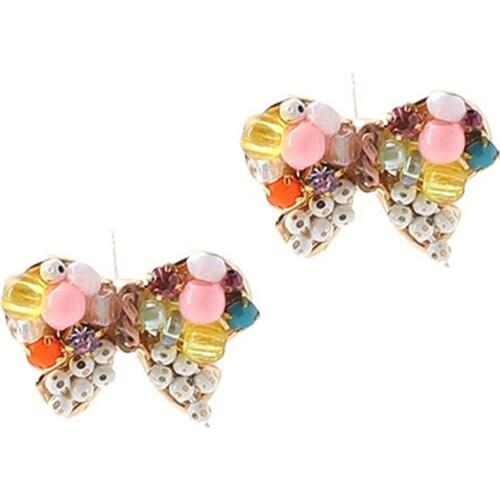 2019 New Colorful Crystal Beads Bowknot Cute Stud Earrings For Women Girls Summer Jewelry Gifts