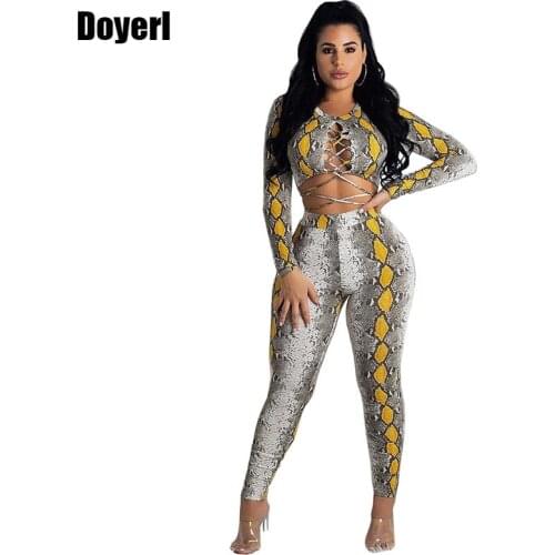 Snake Print Sexy 2 Piece Set Women Long Sleeve Lace Up Crop Top and Pant Suit Club Party Matching Sets 2 Piece Outfits for Women