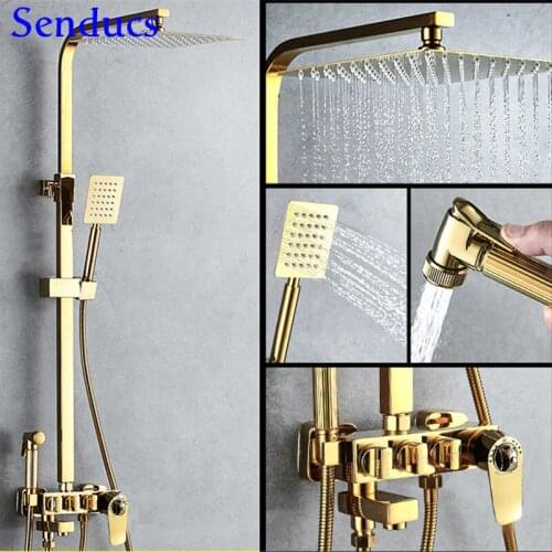 Gold Shower Set Copper Brass Bathroom Mixer Faucets Stainless Steel Rain Shower Head Golden Bathroom Shower System Brass Bidet