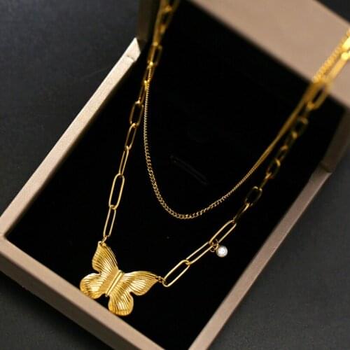 316L Stainless Steel Fashion Upscale Jewelry 2 Layer Butterfly Zircon Charms Thick Chain Choker Necklaces Pendants For Women