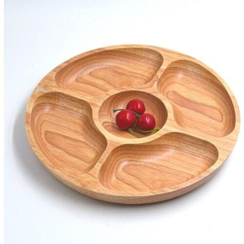 5 Lattices Round Wooden Snack Plate Family Fruit Dessert Dish Home Party Wood Gift Tray W9132