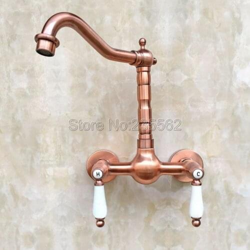 Antique Red Copper Bathroom Kitchen Sink Basin Faucet Mixer Tap Swivel Spout Wall Mounted Dual Ceramic Handles Lrg034