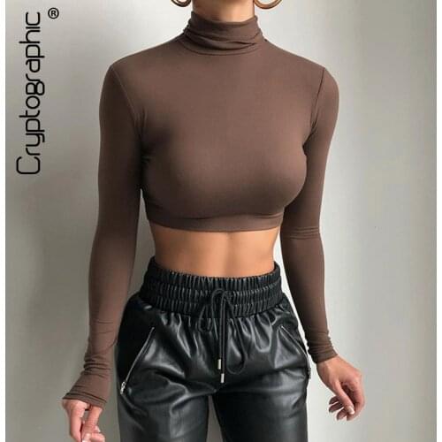 Cryptographic Chic Fashion Turtleneck Long Sleeve Short Womens Top Solid Basic T-Shirts Sexy Top Cropped Streetwear