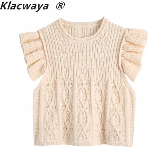 Klacwaya Women 2021 Fashion Bobble Appliques Cropped Knitted Vintage Ruffled Cap Sleeves Female Pullovers Chic Tops