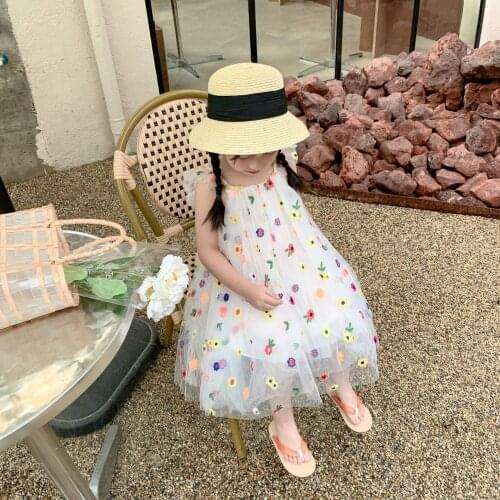 Korean Princess Girls Floral Embroidery Summer Dress Flutter Sleeve Flowers Causal Beach Dress for Holiday