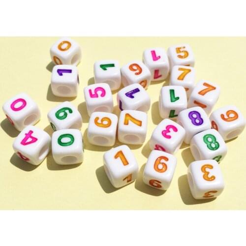 Cube Acrylic Numbers Beads White with Colorful 0 1 2 3 4 5 6 7 8 9 Printing Plastic Square Jewelry Bracelet Spacer Bead 1600pcs