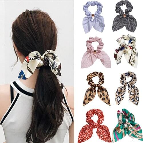 Fashion Floral Print Stripe Leopard Scrunchies Solid Long Hair Ribbon For Women Ponytail Scarf Sweet Hair Band Hair Accessories