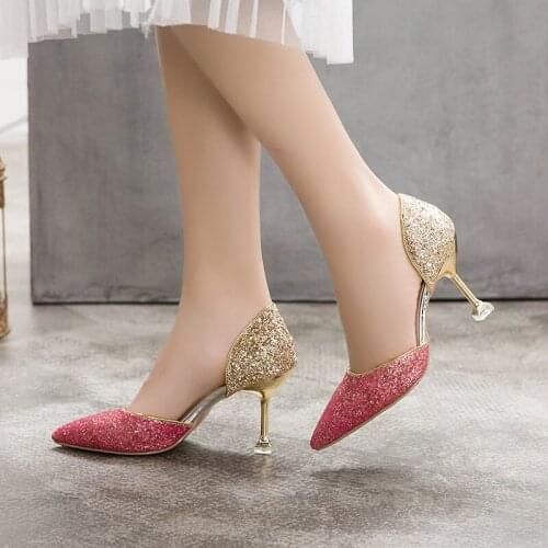 New Fashion Pointed Thick With Wild Single Shoes Sequins Gradient Sexy High Heels Women Elegant Wedding Shoes Female U18-28