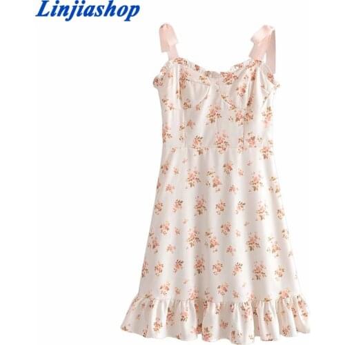 Floral print summer dress women spaghetti strap sexy beach sundress ruffled sleeveless split ladies vintage party dress female