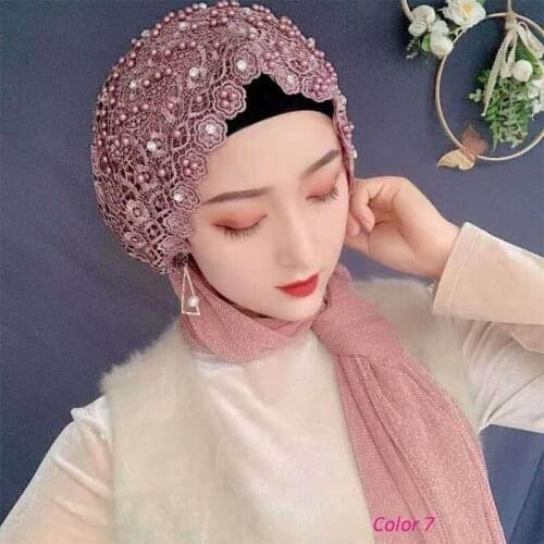 Head scarf Muslim women girls lace hijab instant caps Lace French Bead Girl Fashion embroidery Hijabs Scarves Instant Shawl
