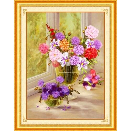 Needlework,DIY Ribbon Cross stitch Sets for Embroidery kit, Blossoml vase flowers bands embroidery wall wedding decoration