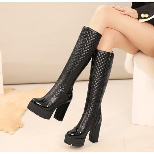 Knee High Boots Women Fashion Platform High Heel Zipper Pu Leather Shoes black Woman Winter Motorcycle Boots Large Size34- 43