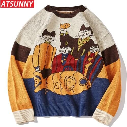 ATSUNNY Embroidery Harajuku Sweater Retro Style Knitted Sweater Autumn Cotton Pullover