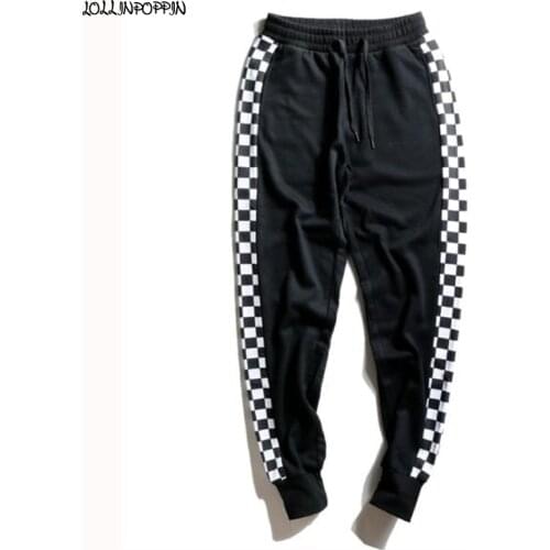 Streetwear Hip Hop Men Sweatpants Side Checkerboard Pattern Mens Casual Jogger Pants Drawstring Elastic Waist Man Plaid Pants