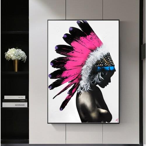 African Feathers Black Woman Abstract Canvas Painting Wall Art Print Poster Picture Decorative Painting Living Room Home Decor