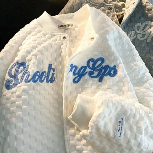 Y2k waffle plaid cardigan jacket female autumn Harajuku letter embroidery long-sleeved outerwear Korean vintage baseball uniform