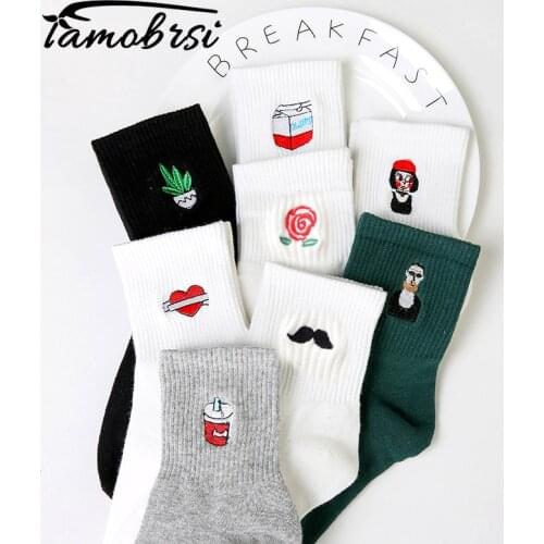 Korean Harajuku Funny Cartoon Black White Short Sock Novelty Women Milk Box Beard Rose Heart Radio Embroidery Cotton Ankle Socks