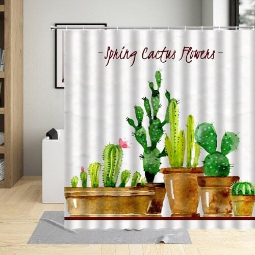 Plant Flowers Cactus Shower Curtain Green Cartoons Painting Potted Bathroom Home Waterproof With Hook Washable Fabric Suit