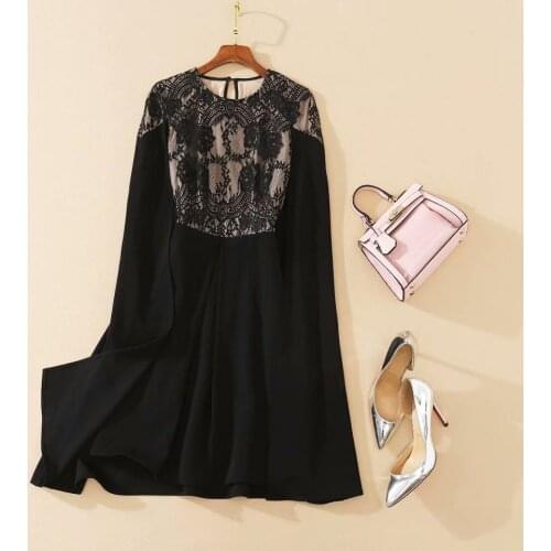 Womens European and American clothing 2021 summer new style Bud silk Round collar Fashion cape black dress