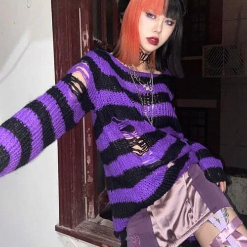 Goth Punk Dark Black Wild Ripped Torn Mid-Length Knitted Tops Japanese Y2K Streetwear Hip Hop Couple Striped Loose Women Sweater