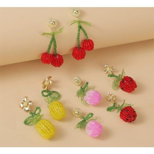 2020 Fashion Handmade Glass Beaded Weave Cherry Strawberry Peach Pineapple Fruit Drop Earrings For Women Girls Statement Jewelry