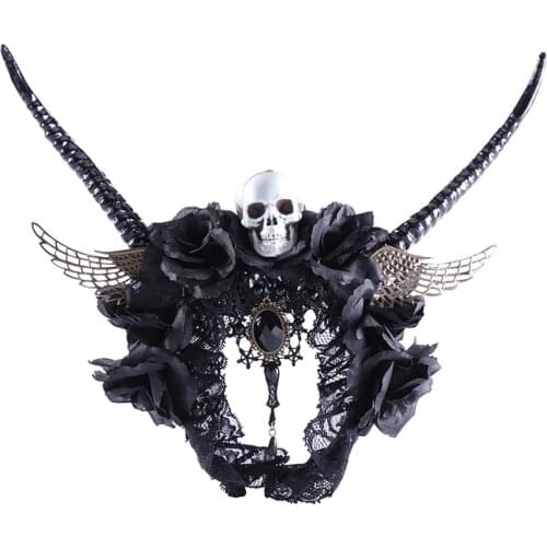 Gothic Antelope Horn Headband Black Devil Horns Skull Headdress Halloween Carnival Hen Night Parties Cosplay Fancy Dress