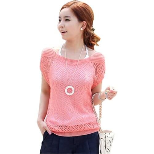 Elegant Pullover Summer Spring Slim Thin short-sleeved Shirt Hollow Crochet Bat Hedging Smock Sweater Woman Vestidos LXJ049