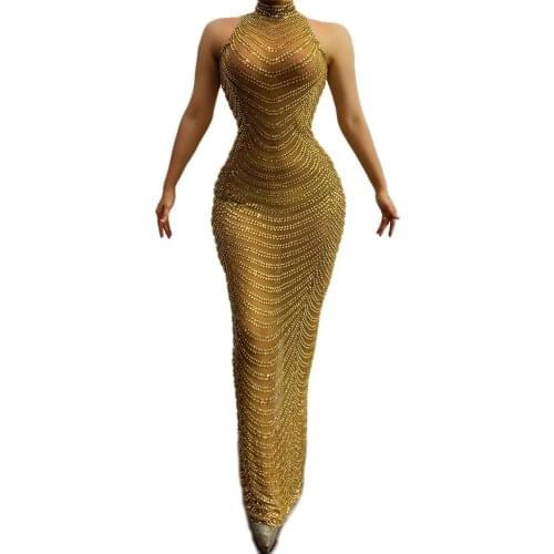Full Gold Rhinestones Transparent Mesh Long Dress Women Birthday Celebrate Dress High Neck Outfit Bar Dance Show Dress