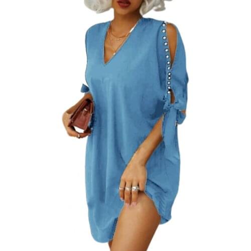 Women Dress V Neck Lace Up Summer Hollow Out Sleeve Beaded Dress Off Shoulder Short Sleeve Lace Up Casual Skirt for Office