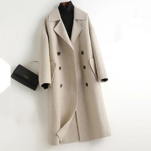 2020 New Autumn Winter Overcoat Women Wool Coats Long Striped Woolen coats Beige Quality Womens Casual Trench Coats Abrigo Mujer
