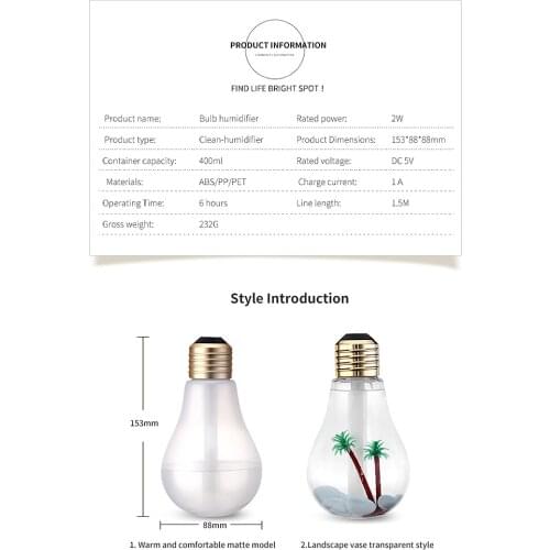 400ml Colorful Light Creative Bulb Humidifier Aroma Diffuser Silver Lamp