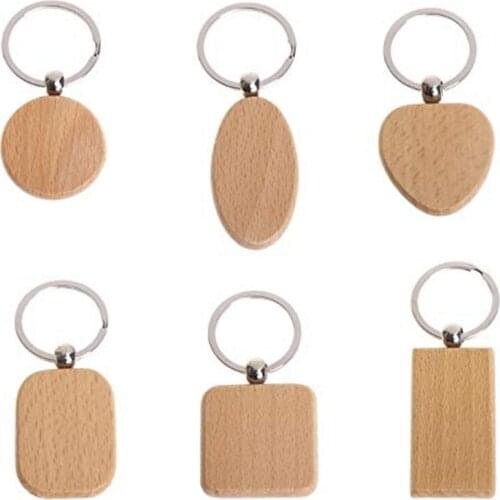 50Pcs DIY Blank Wooden Key Chain Rectangle Heart Round Ellipse Carving Key Ring Wood Key Chain Ring