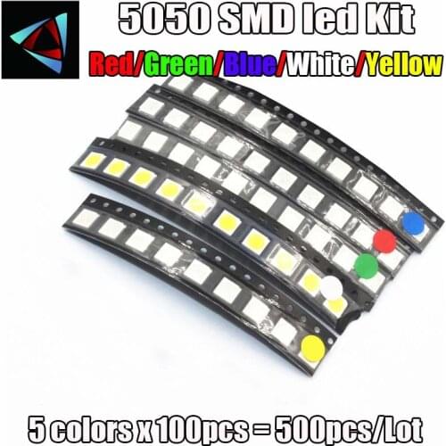 500PCS/LOT 5050 SMD White Red Blue Green Yellow 100pcs each Super Bright 5050 SMD LED Diodes Package Kit