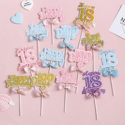 1 Year 100 Days 18 Years Bow Glitter Paper Cake Topper Child Birthday Decoration Party Supplies Baby Shower Adult Ceremony
