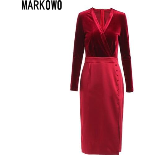 MARKOWO Desinger Brand 2020 Autumn and winter new temperament sexy split fork high waist was thin bag hip velvet stitching dress
