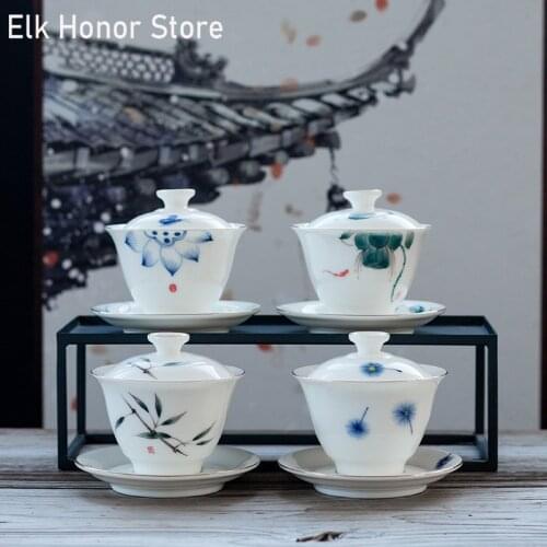 100ml Dehua Mutton Fat Jade Tea Tureen Hand Painted Lotus Gold-banded Tea Lid Set Porcelain Bowls Flower Tea Cups Travel Tea Set