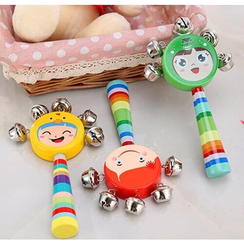 Wooden Maraca Bell Baby Toys Childrens Wooden Cartoon Smiley Rattle Infant Early Childhood Teaching Aids Rattles Baby Toys