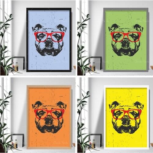 Grunge Style Art Dog Print Bulldog SKETCH Glasses Picture Poster