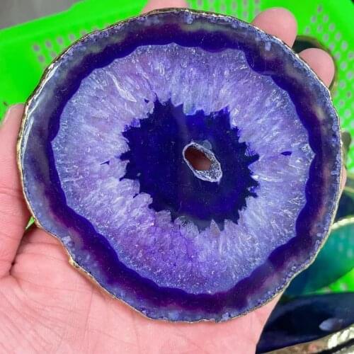 Natural agate wafer insulated coasters crystal purple plate jade agate coasters with gold-plated lace mineral decoration