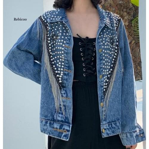 Autumn Women Denim Jacket Streetwear Hand-Studded Rivet Tassel Chain Short Jeans Jacket Loose Casual Black Coats