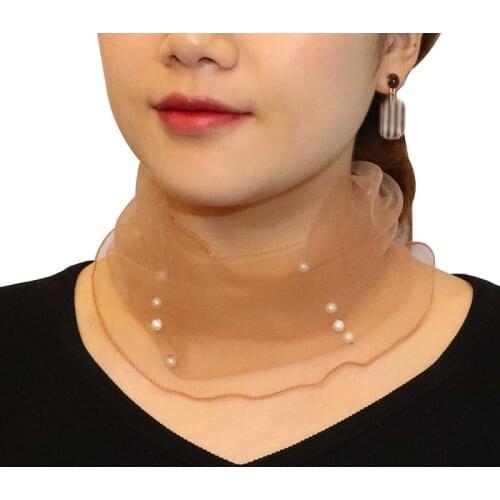 1pc Fashion Transparent Fake Pearl Decor Mesh Necklace Scarf Circle Scarf Women Ladies Gauze Scarf Clothing Accessories