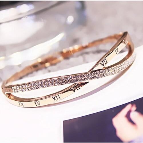 Roman Numerals Luxury CZ H Cuff Rose Gold Color Female Bracelets cross Bangles Jewelry Crystal Bracelet For Women B0178