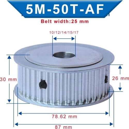Timing Pulley 5M-50T Inner Bore 10/12/14/15/17 mm Aluminum Belt Pulley Slot Width 26 mm Match With Width 25 mm 5M-Timing Belt
