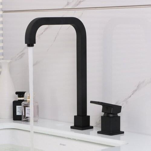 All brass black plated bathroom sink faucet cold and hot water basin fauet Rotatable Single handle Double holes square tap